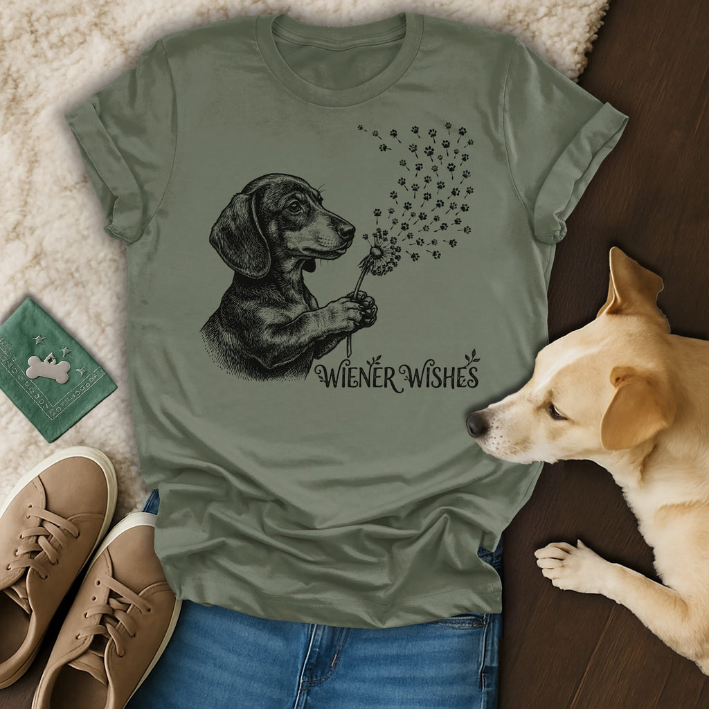 Dachshund holding a dandelion with paw prints as seeds, "Wiener Wishes" text.