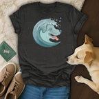 Dark gray t-shirt with a blue wave dog graphic and paw prints.