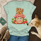 Light green t-shirt with a graphic of a Yorkie in a strawberry jam jar that reads Dog Mom Is My Jam.