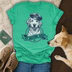 Golden retriever wearing a sailor hat on a teal t-shirt with "My Boating Shirt" banner.