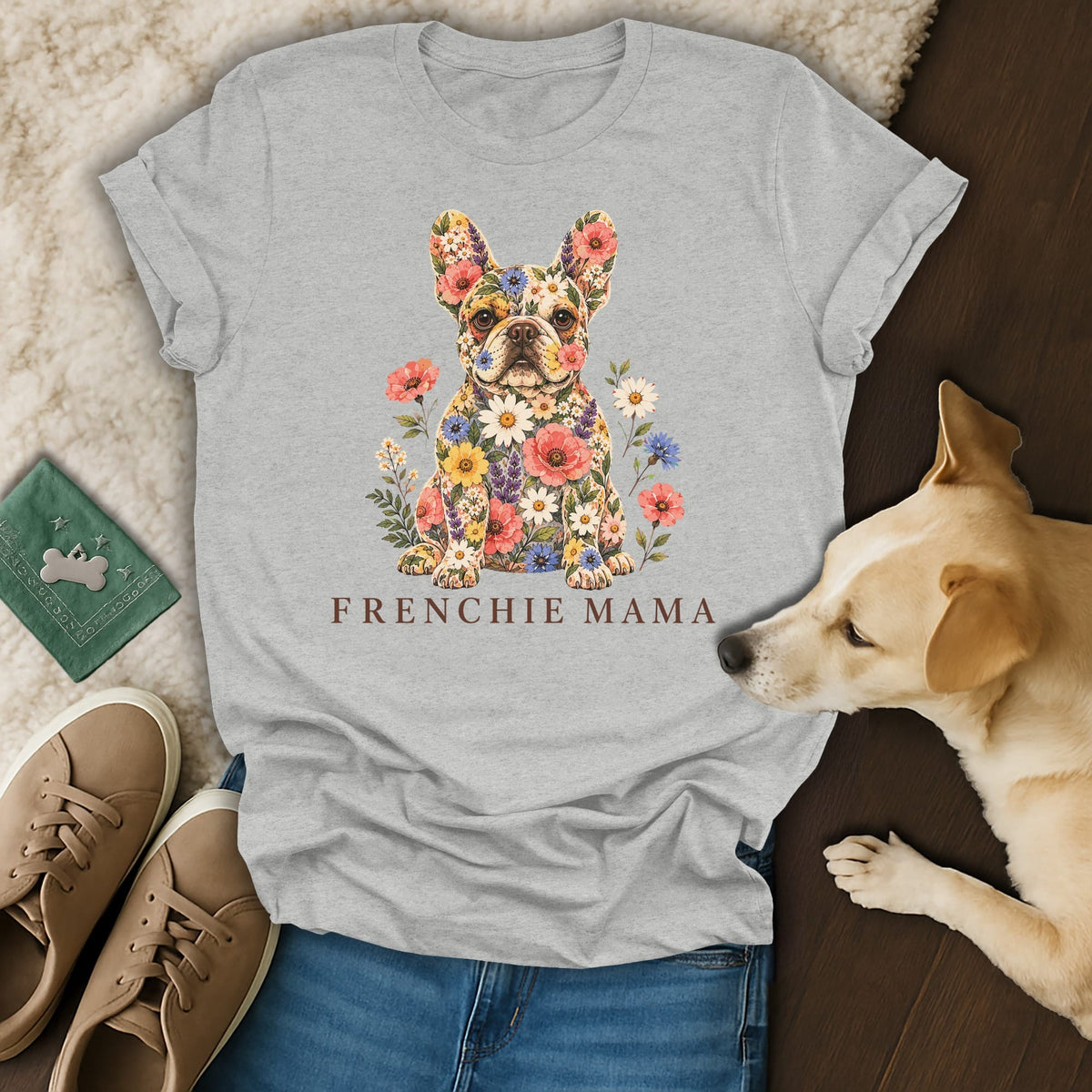 Heather gray t-shirt with a floral French bulldog graphic and the text Frenchie Mama.