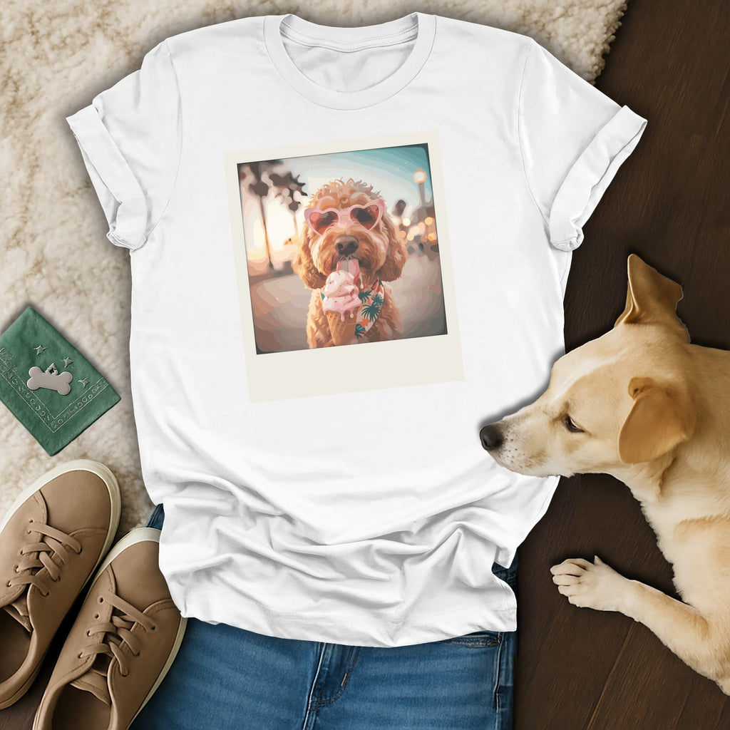 White t-shirt with a polaroid graphic of a dog wearing heart sunglasses eating ice cream.