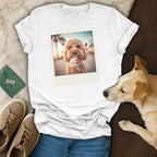 White t-shirt with a polaroid graphic of a dog wearing heart sunglasses eating ice cream.