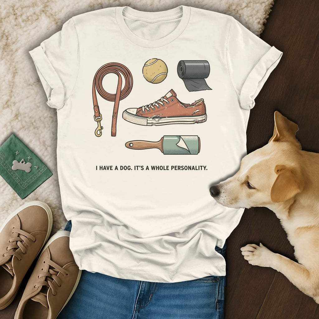 T-shirt with illustrations of a leash, dog toy, and lint roller. Text reads "I HAVE A DOG. IT'S A WHOLE PERSONALITY."