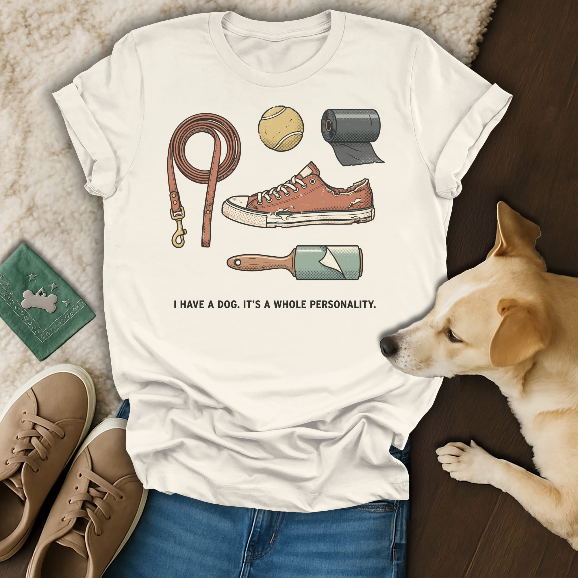 T-shirt with illustrations of a leash, dog toy, and lint roller. Text reads "I HAVE A DOG. IT'S A WHOLE PERSONALITY."