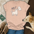 Peach t-shirt with dog and ghost graphic saying "Boo-p".