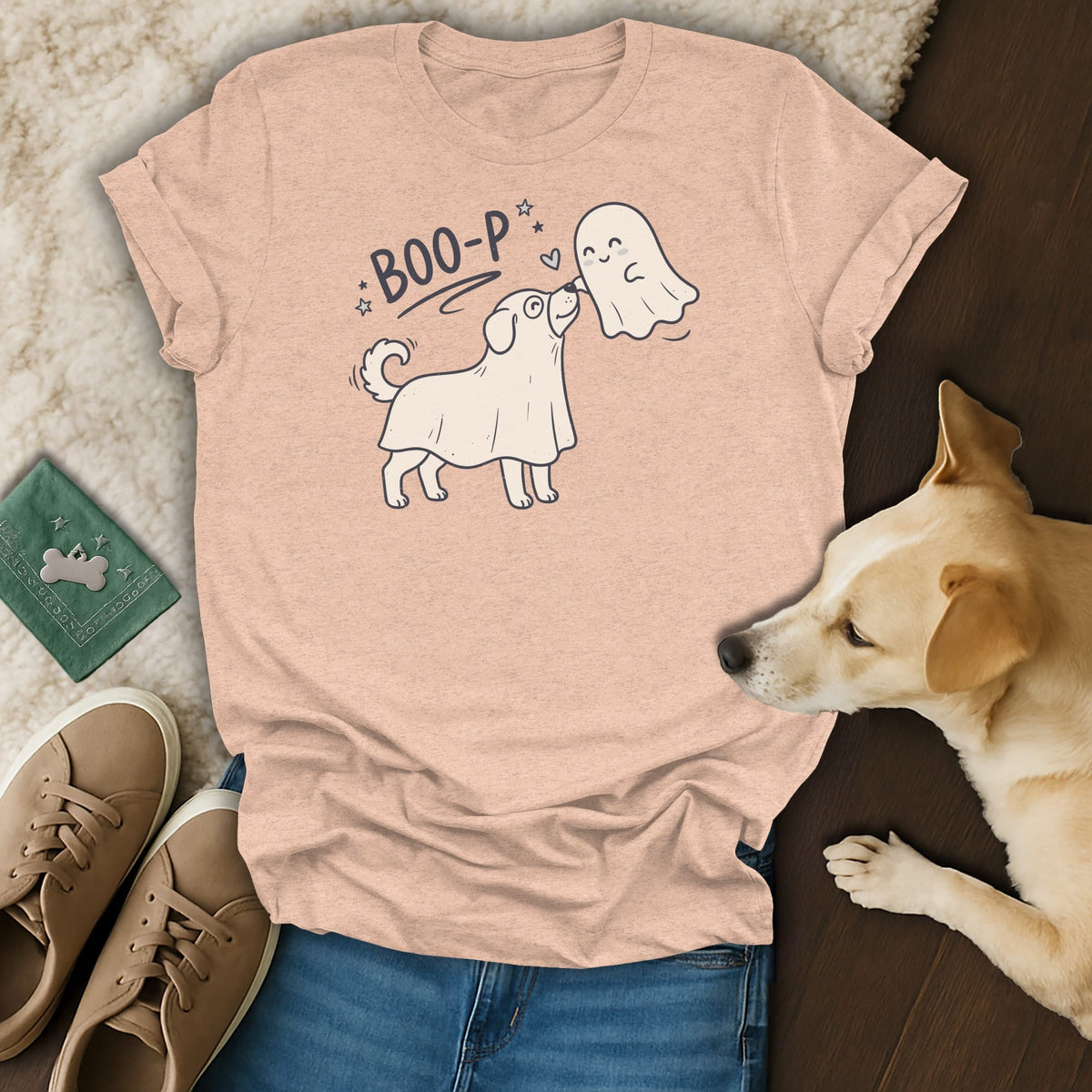 Peach t-shirt with dog and ghost graphic saying "Boo-p".