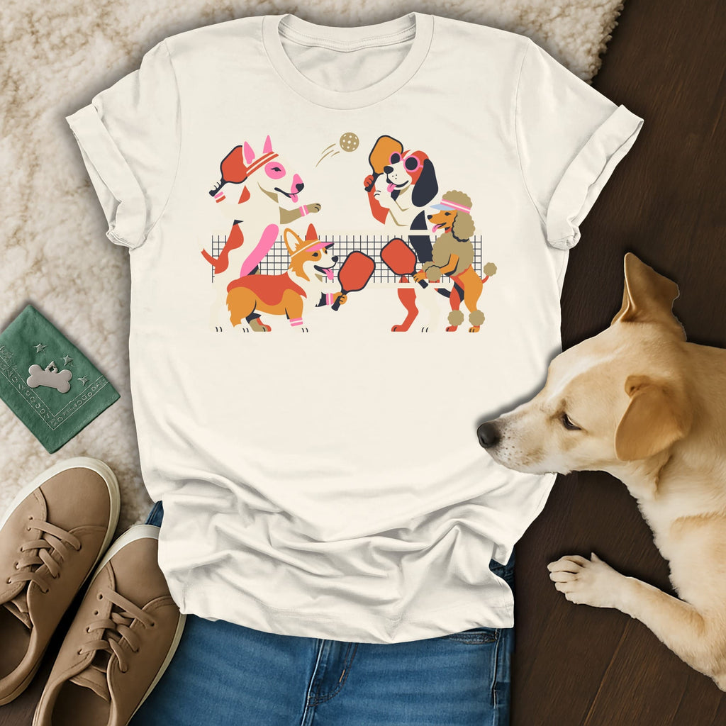 Cream t-shirt with a graphic of dogs playing pickleball and a golden labrador.