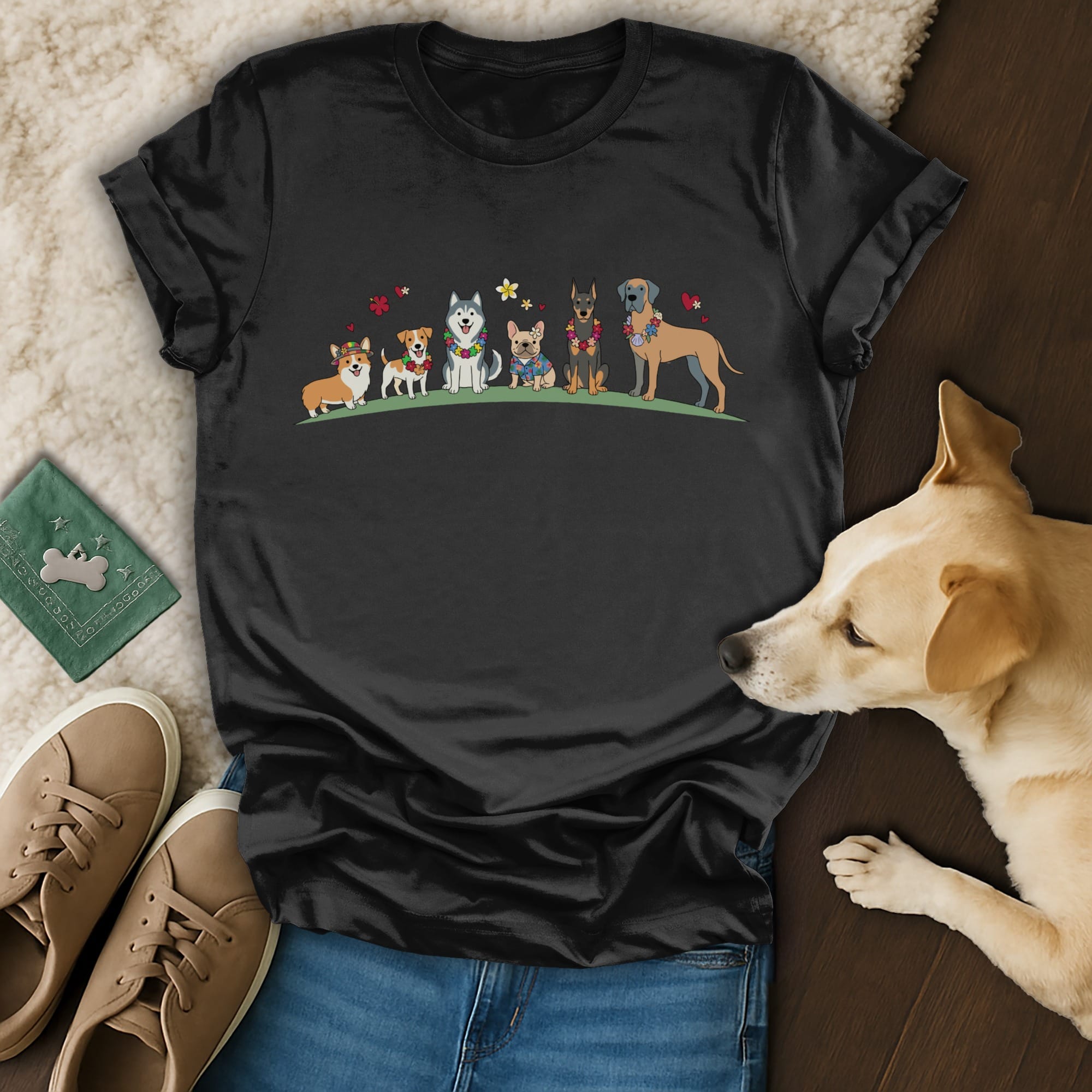 Black t-shirt with cartoon dogs in festive attire, a dog and shoes nearby.