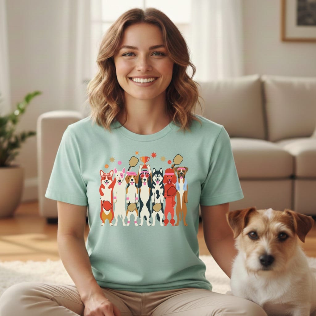 Mint green t-shirt with cartoon dogs playing pickleball and wearing athletic gear.
