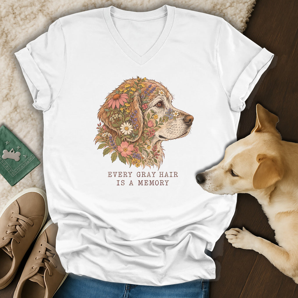 A white V-neck t-shirt featuring a golden retriever floral illustration with the text Every gray hair is a memory.