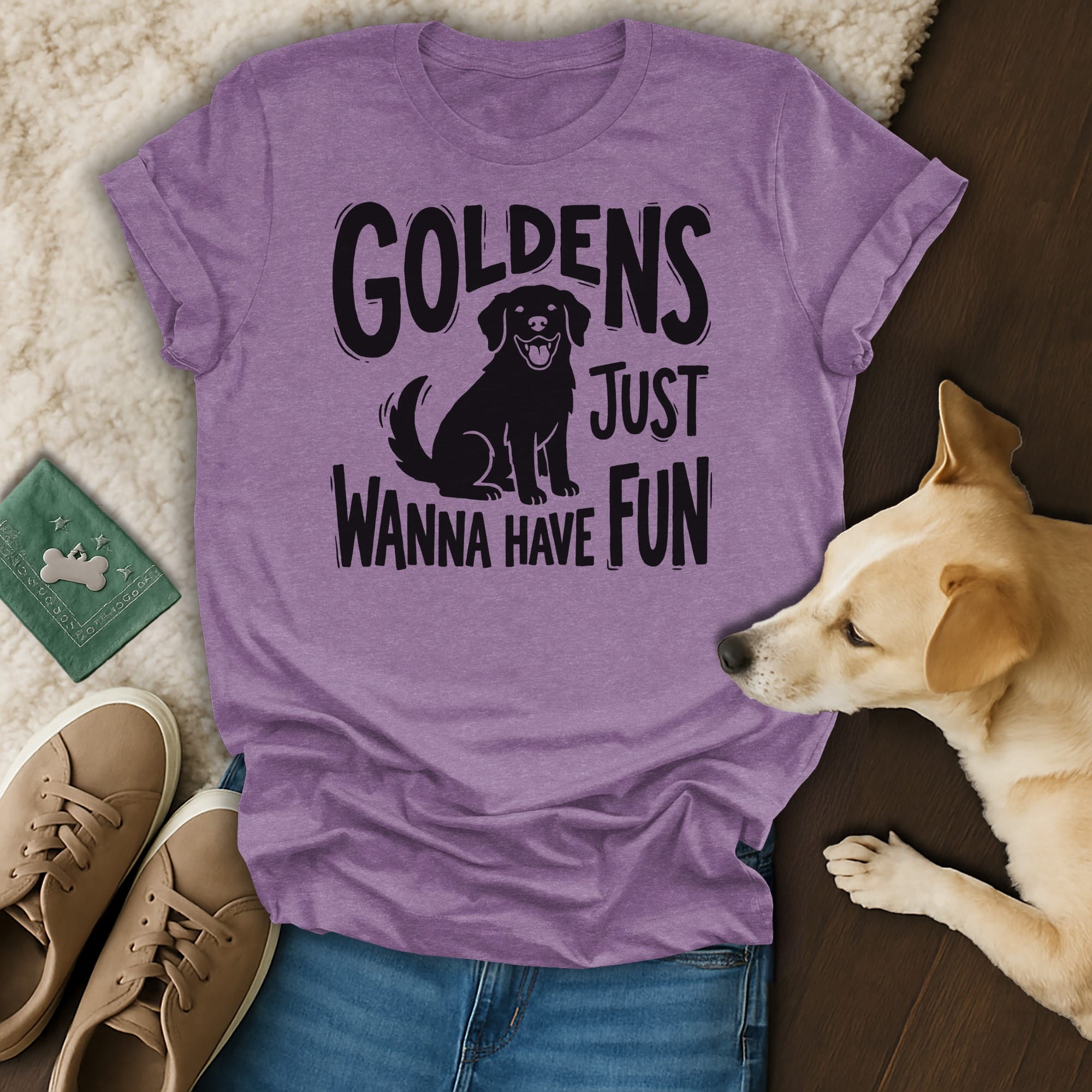 Purple t-shirt with black text "GOLDENS JUST WANNA HAVE FUN" and dog illustration.