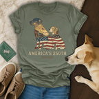 Dog silhouette filled with American flag, fireworks, and city scene.