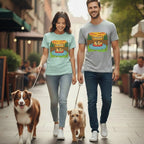 Couple walking two dogs on leashes, both wearing graphic t-shirts.
