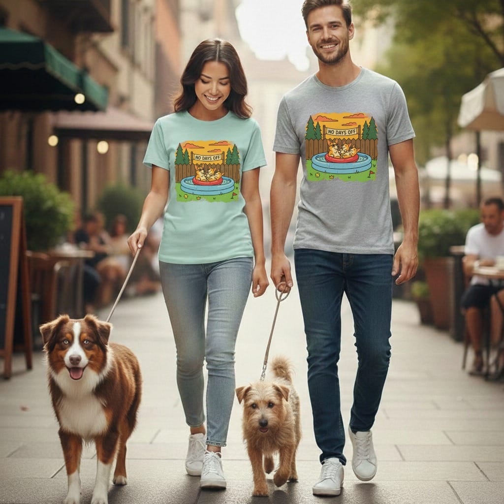 Couple walking two dogs on leashes, both wearing graphic t-shirts.