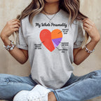 Grey t-shirt with "My Whole Personality" and a pie chart with dog-related topics.