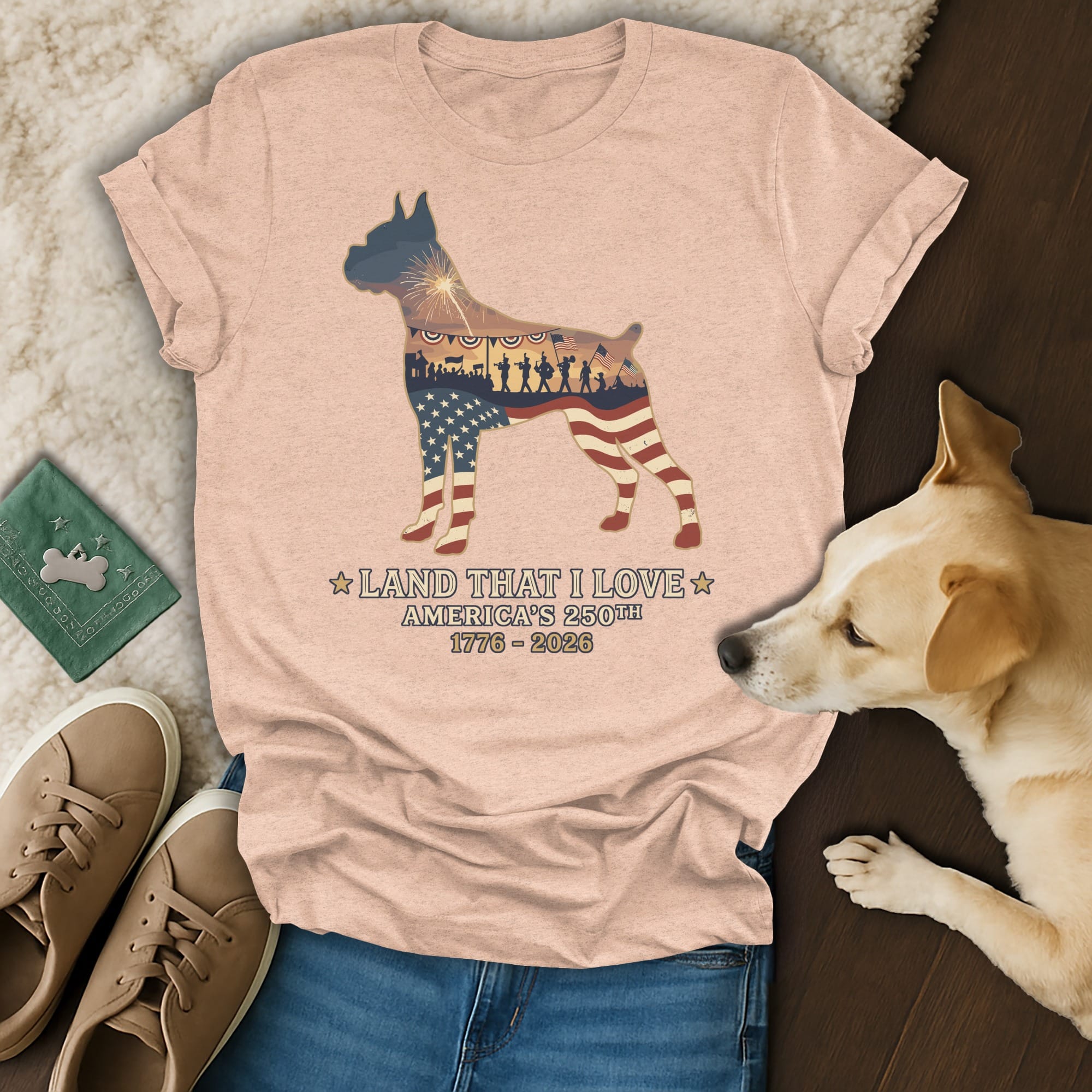 Boxer dog silhouette with American flag and patriotic celebration text.