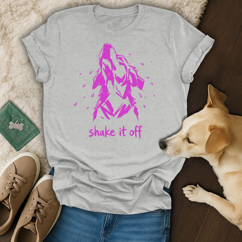 Grey t-shirt with pink wolf and text "shake it off"
