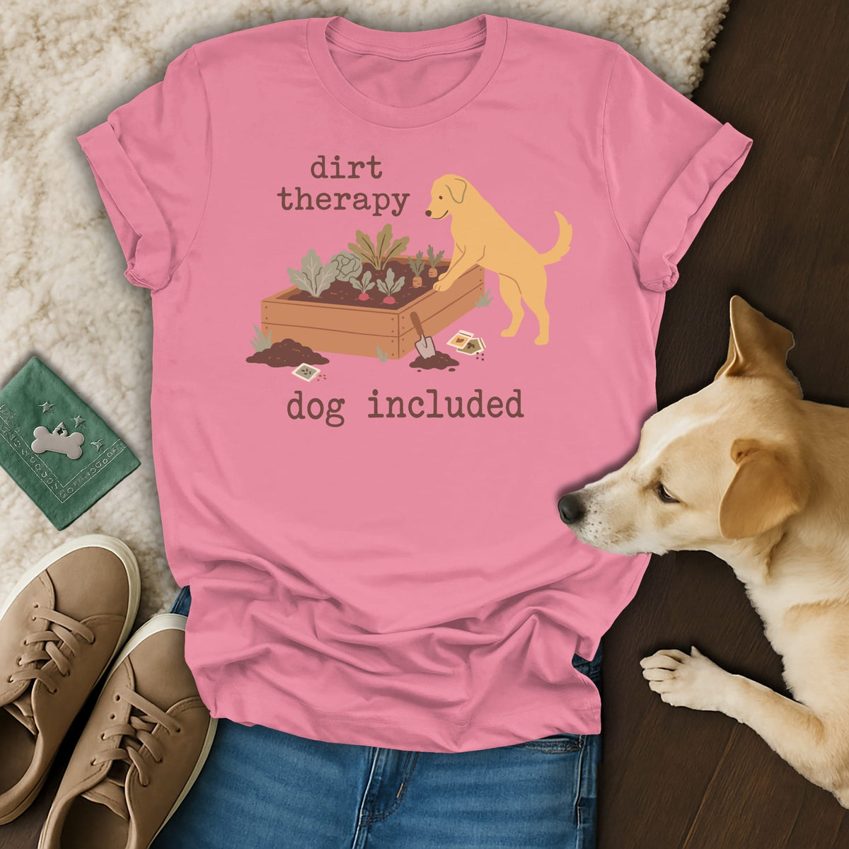 Pink t-shirt with "dirt therapy dog included" text and garden illustration.
