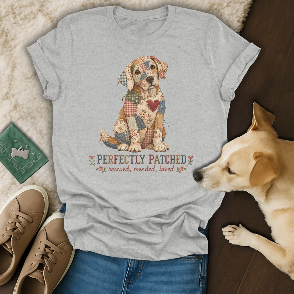 A light grey t-shirt featuring a patchwork dog graphic and text reading "PERFECTLY PATCHED rescued, mended, loved".