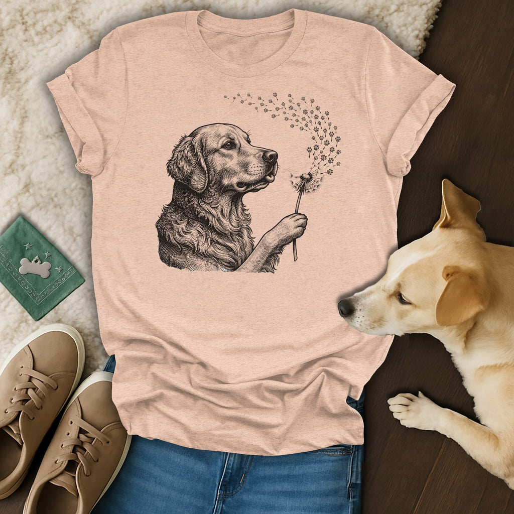 Golden retriever blowing dandelion seeds shaped like paw prints.