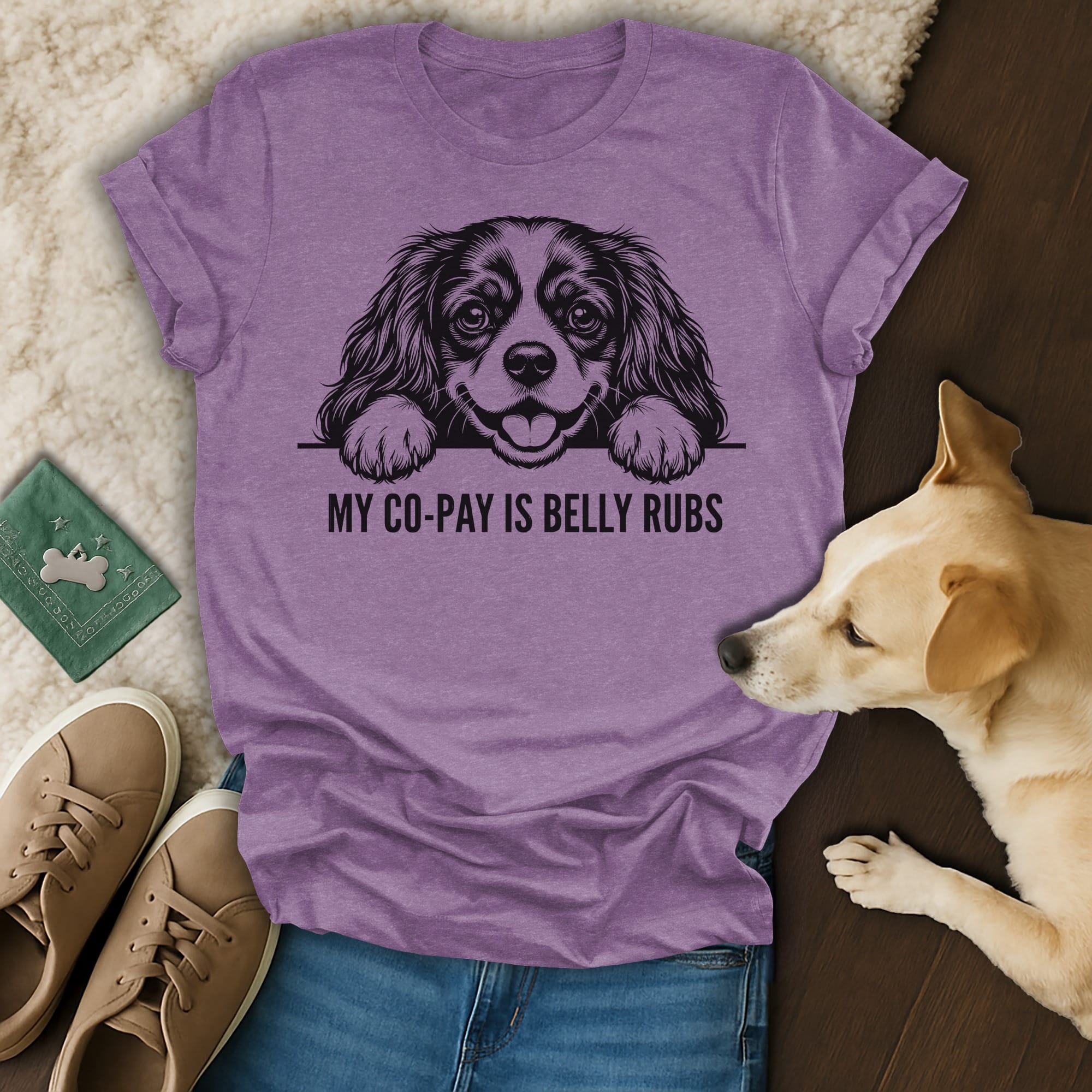 Purple t-shirt with Cavalier King Charles Spaniel and "MY CO-PAY IS BELLY RUBS" text.