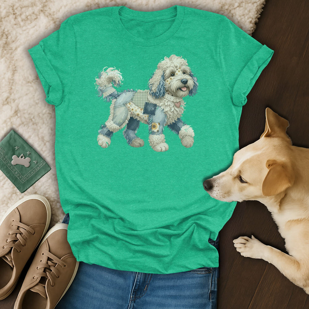 Green t-shirt with a patchwork dog graphic and a light brown dog.