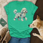 Green t-shirt with a patchwork dog graphic and a light brown dog.