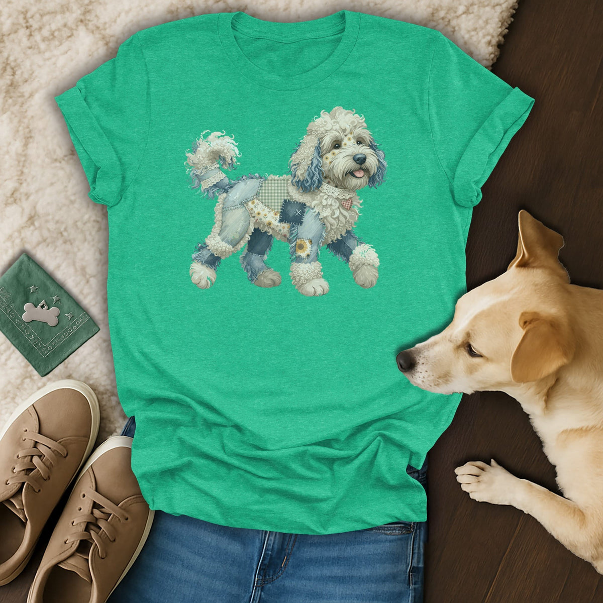 Green t-shirt with a patchwork dog graphic and a light brown dog.