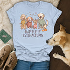 Light blue t-shirt with cartoon dogs and "HAP-PUP-LY EVER AUTUMN" text.