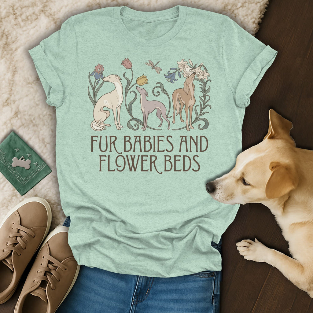 A mint green t-shirt with a graphic of three dogs and flowers, reading "Fur Babies and Flower Beds."