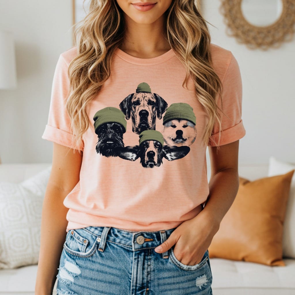 T-shirt with four dogs wearing beanies in a circular arrangement.