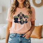 T-shirt with four dogs wearing beanies in a circular arrangement.