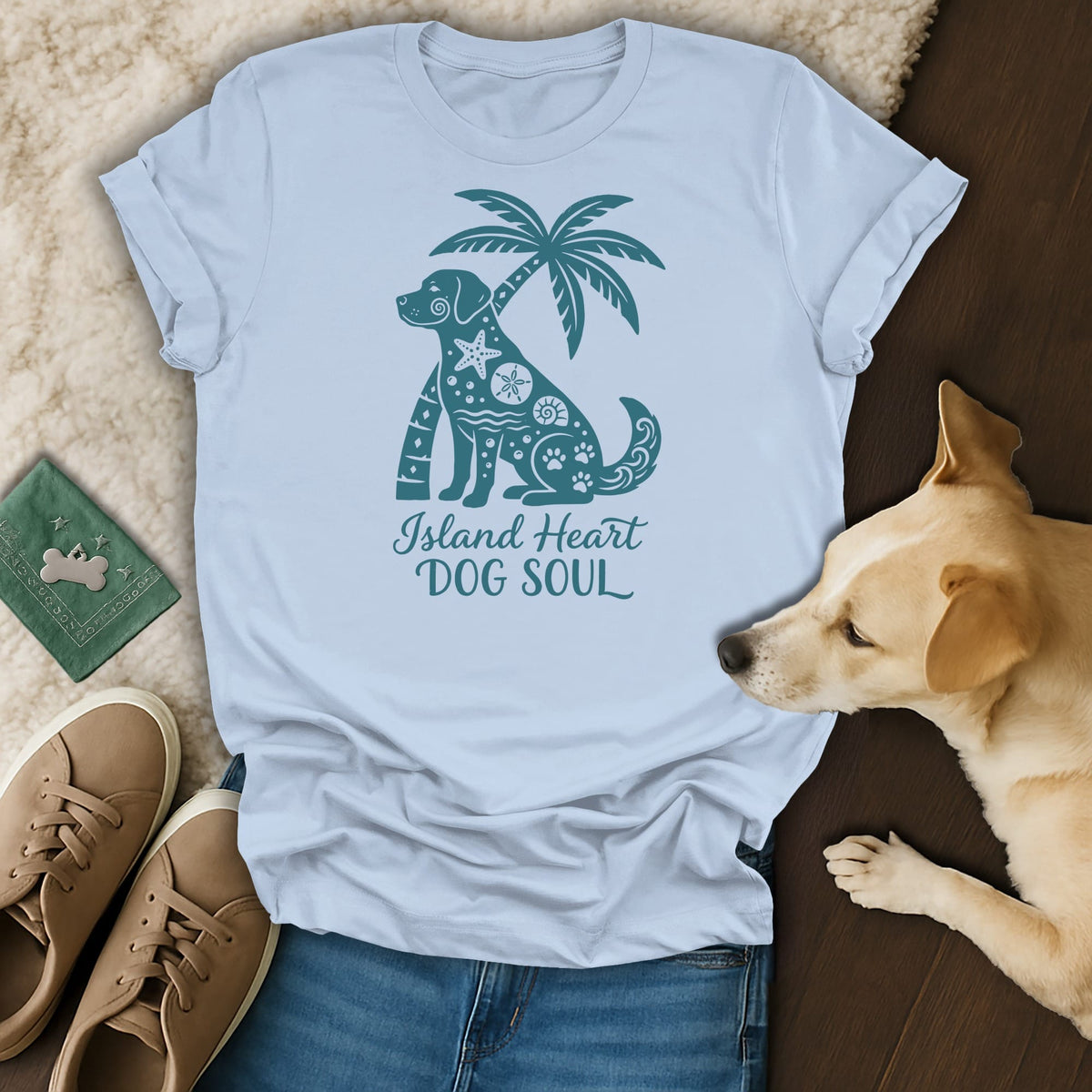 Light blue t-shirt with teal distressed dog and palm tree graphic, "Island Heart Dog Soul" text.