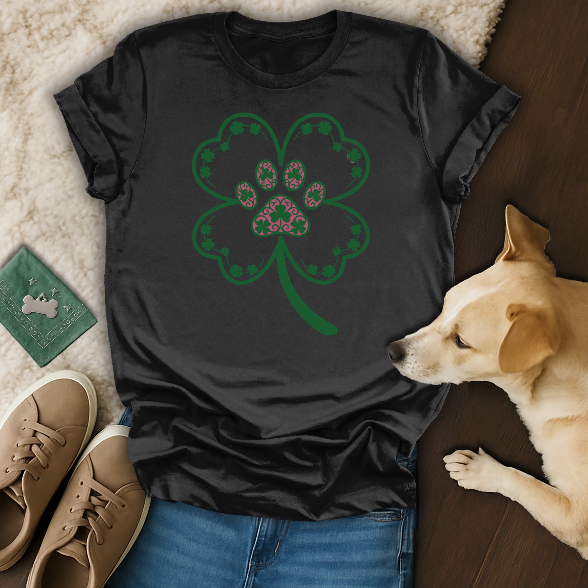 Four Leaf Clover Design Black T-Shirt for Pet Lovers