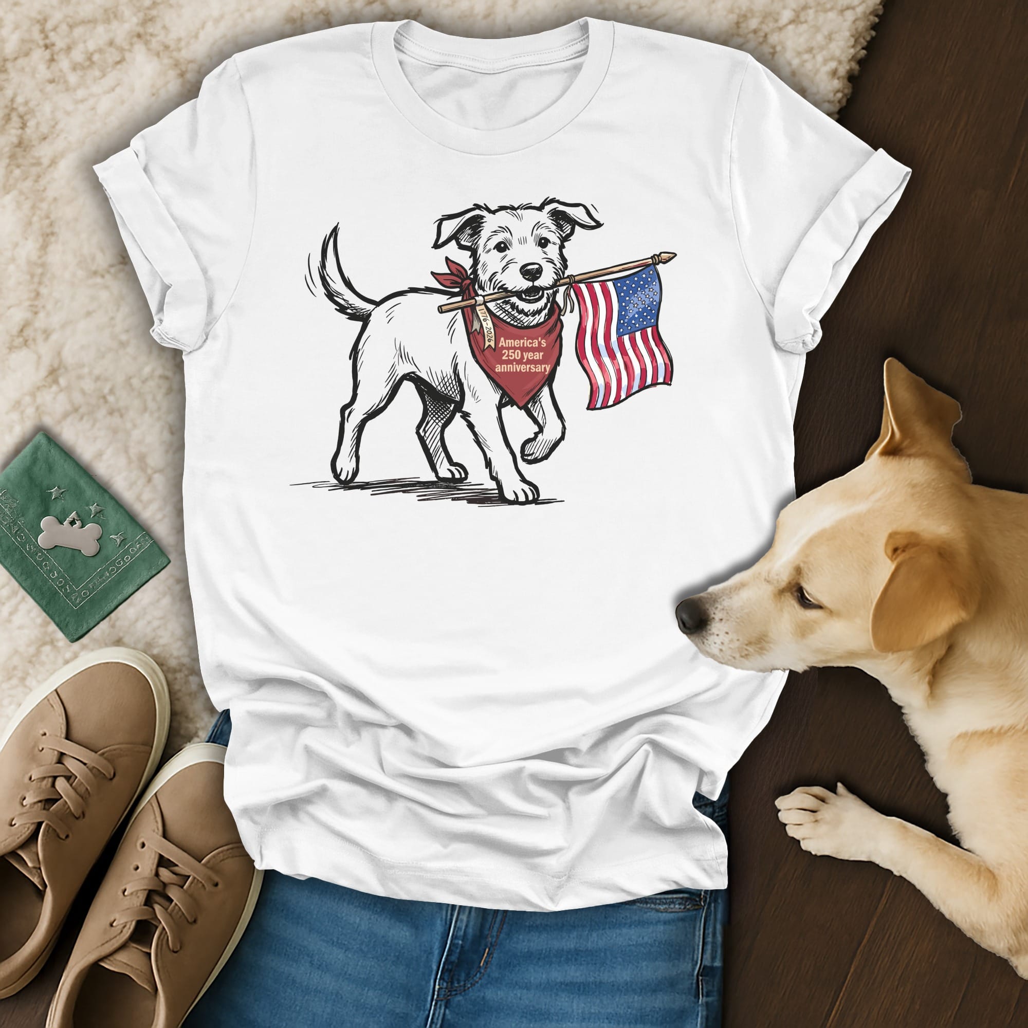 Dog wearing a bandana holds American flag in mouth on a t-shirt.