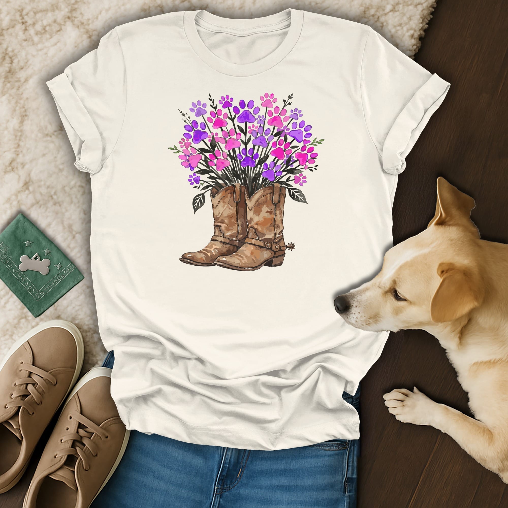 Cowboy boots filled with purple and pink flowers and paw prints.