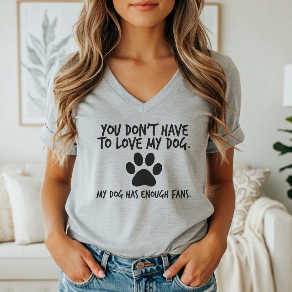 Light grey v-neck t-shirt with black text and a paw print.