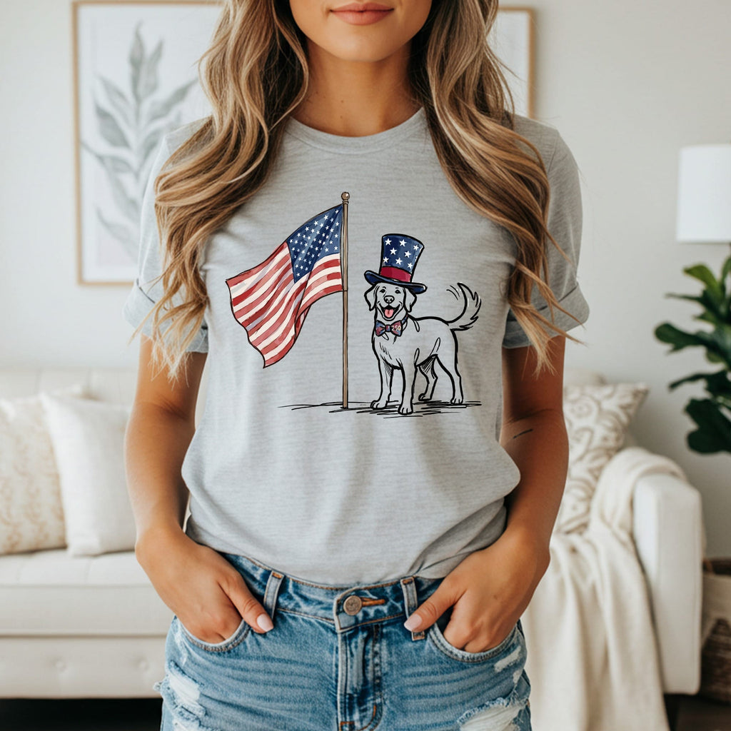 Labrador retriever wearing a patriotic hat and bow tie, standing by an American flag.