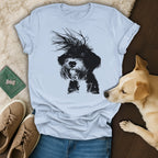 T-shirt with a black and white sketch of a scruffy terrier dog.
