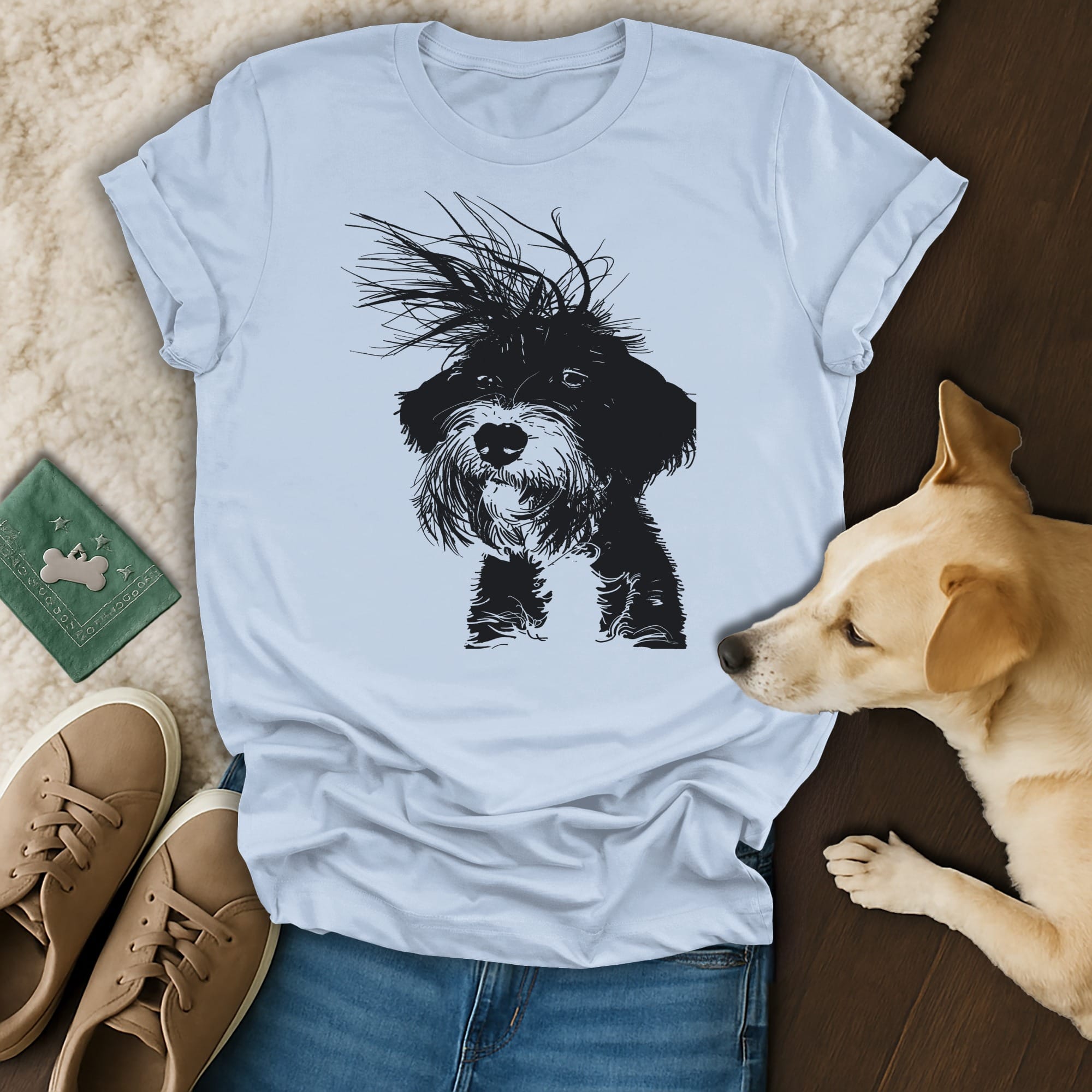 T-shirt with a black and white sketch of a scruffy terrier dog.