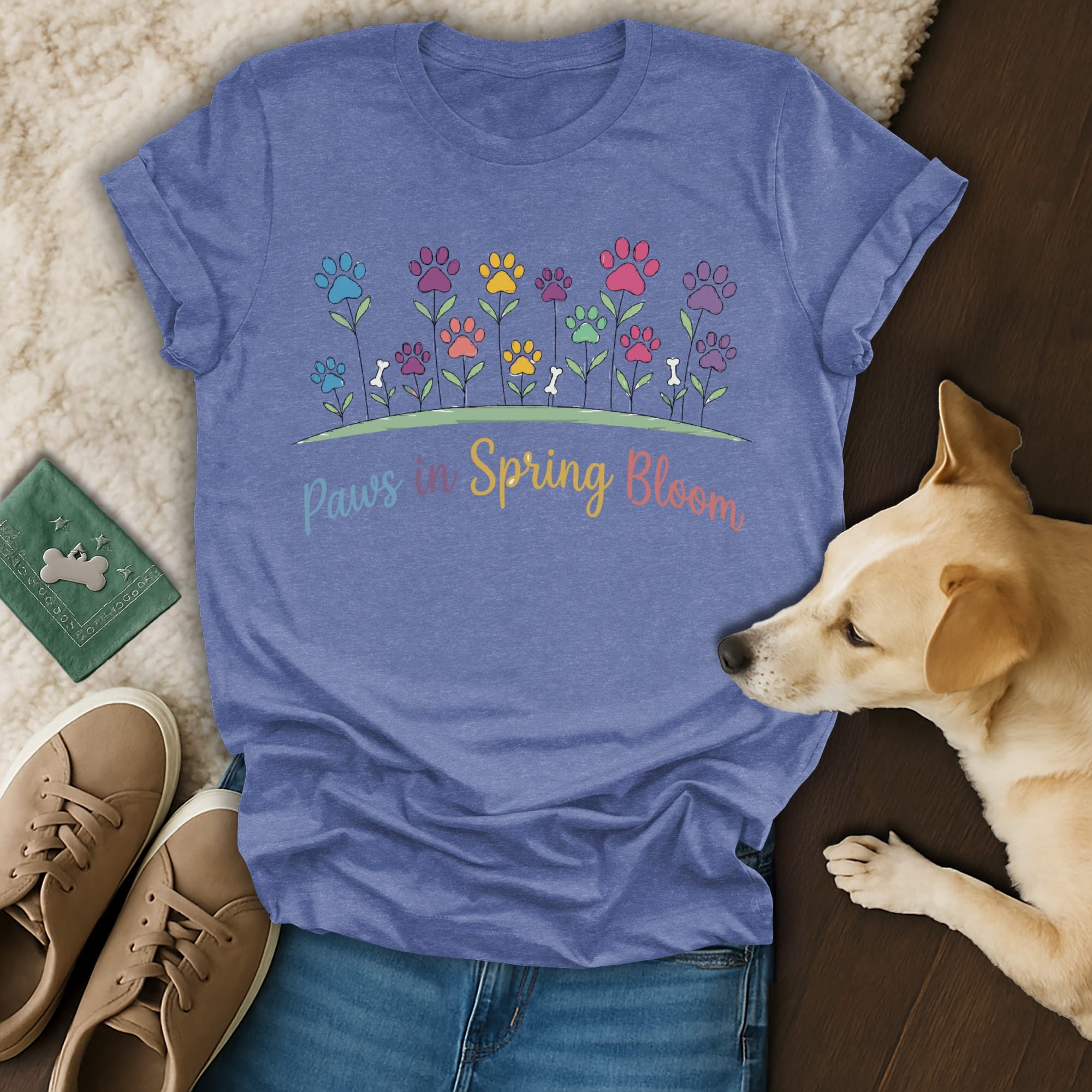 Blue t-shirt with "Paws in Spring Bloom" text and flower paw prints.