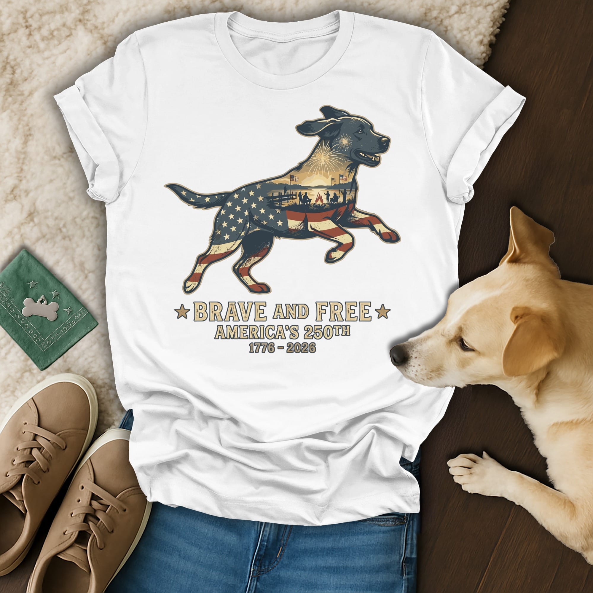 White t-shirt with a dog silhouette filled with American flag, stars, and fireworks.