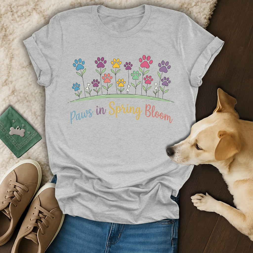 Grey t-shirt with colorful paw print flowers and "Paws in Spring Bloom" text.