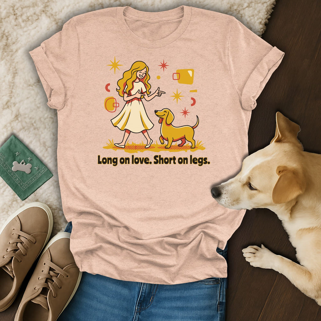 T-shirt with graphic of woman and dog, text "Long on love. Short on legs."