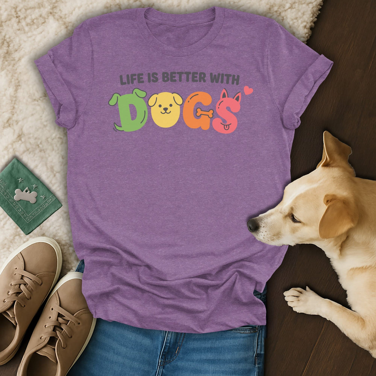 Purple t-shirt with "Life is Better With DOGS" text featuring dog faces and a bone.