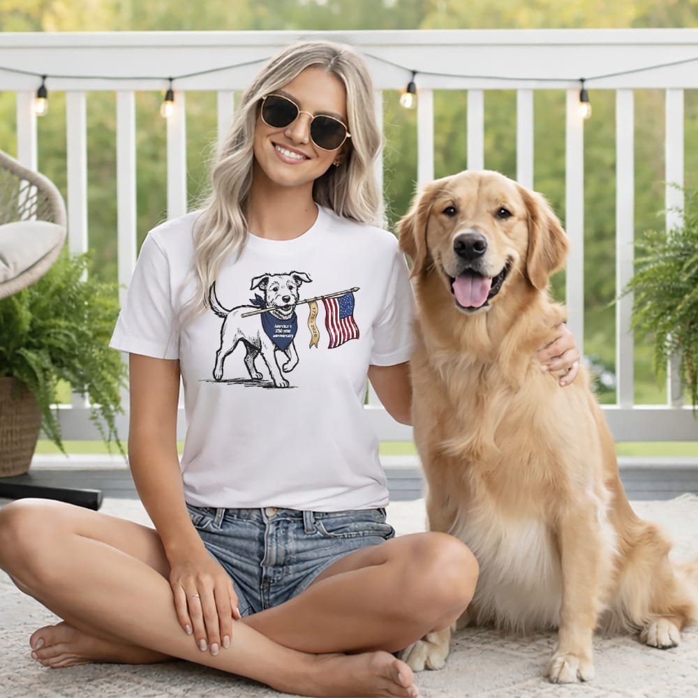 Woman wearing a t-shirt with a dog holding an American flag.