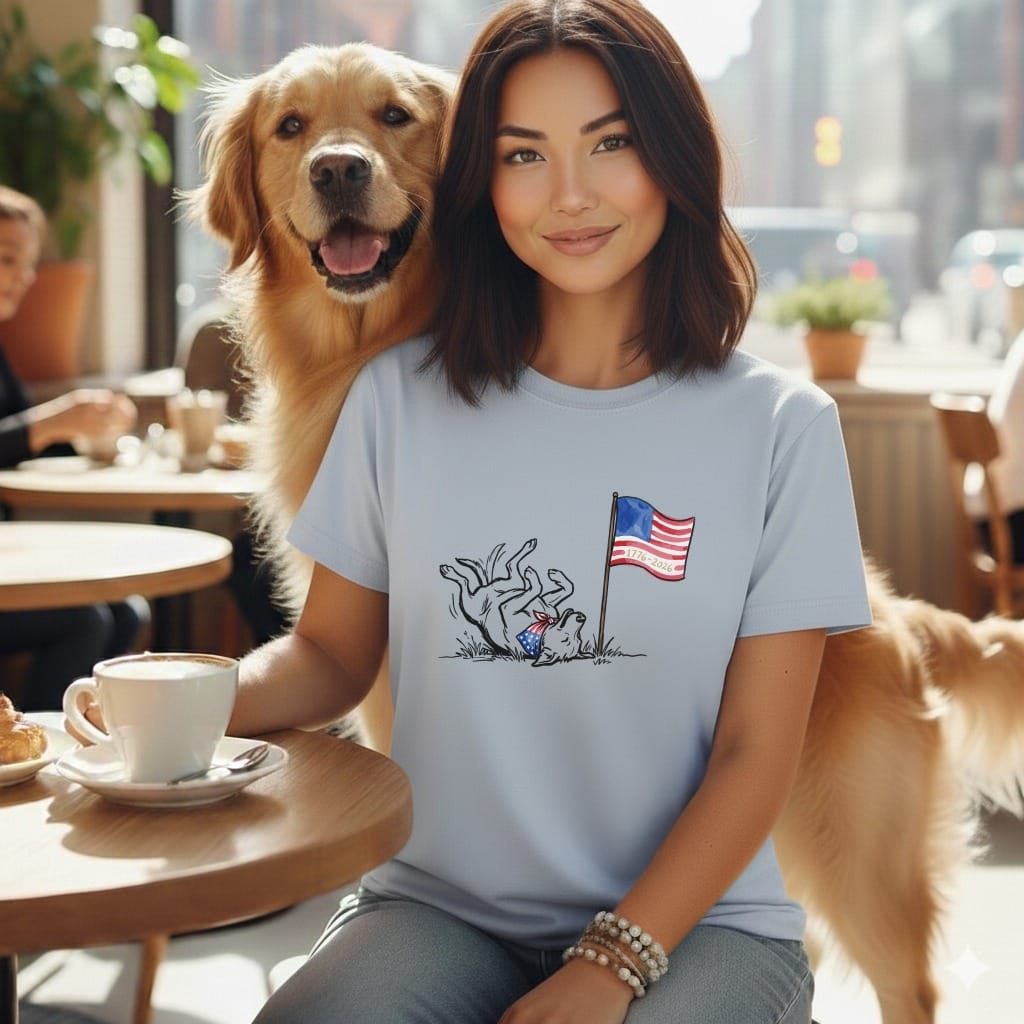 Woman with Golden Retriever wearing a t-shirt with a flag and dog.
