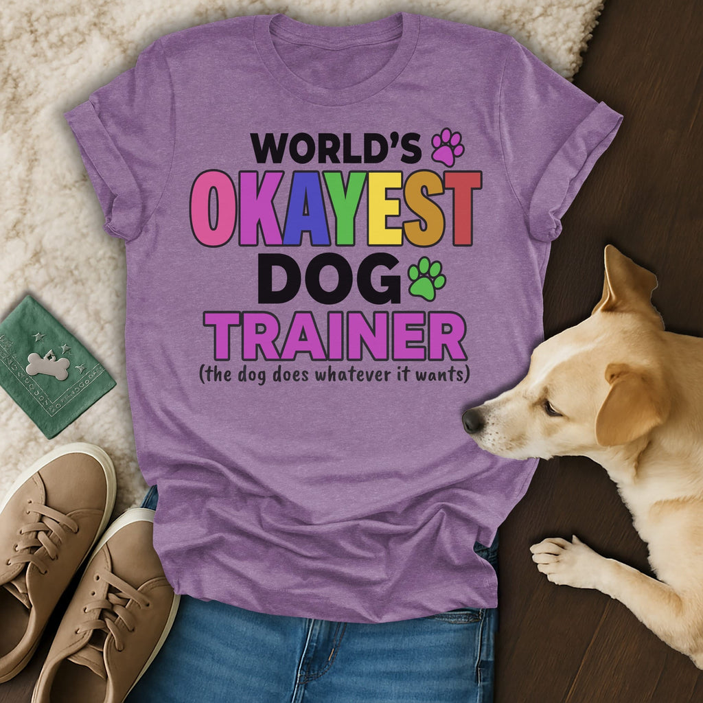 Purple t-shirt with "World's Okayest Dog Trainer" text and a dog.