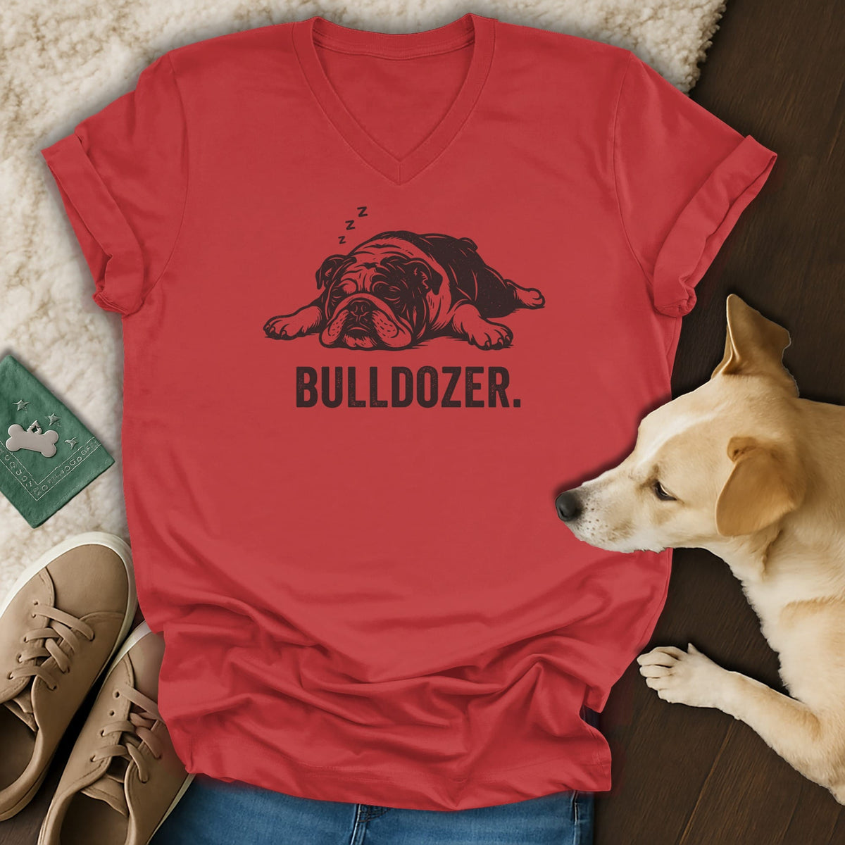 Red v-neck t-shirt with a sleeping bulldog graphic and the text "BULLDOZER.".